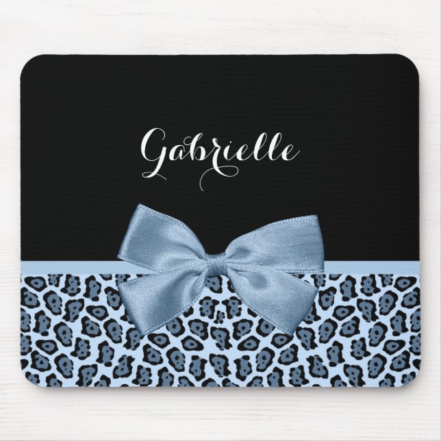Chic Jaguar Print Light Blue Bow With Name Mouse Pad (Front)