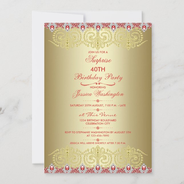 Chic Jewel Tiaras and Fleur De Lys Surprise Party Invitation (Back)