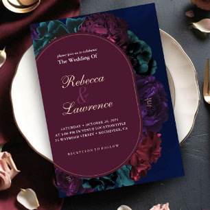 Chic jewel tones floral burgundy navy wedding invitation