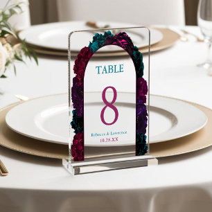 Chic jewel tones flowers wedding table numbers acrylic sign