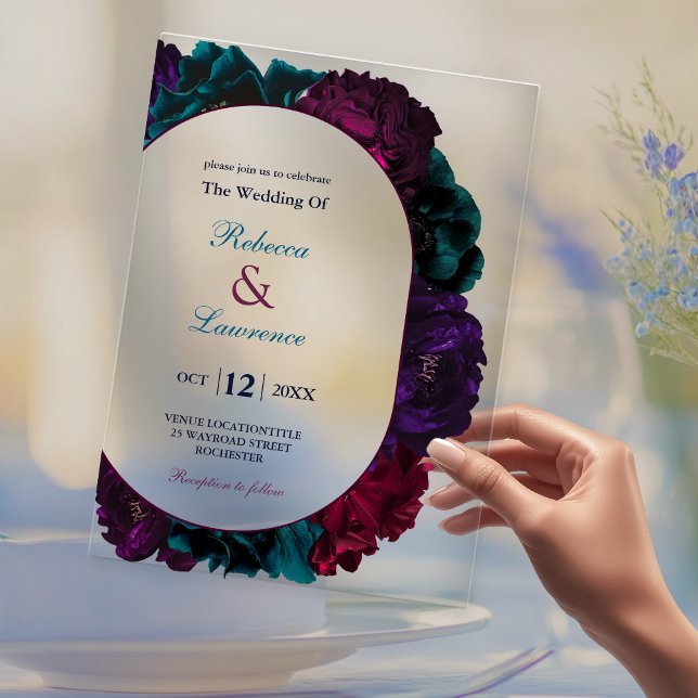 Chic jewel tones navy burgundy floral wedding  acrylic invitations (Creator Uploaded)