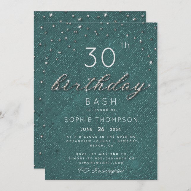 Chic Jewels Emerald Sparkle Glitter Birthday Party Invitation (Front/Back)