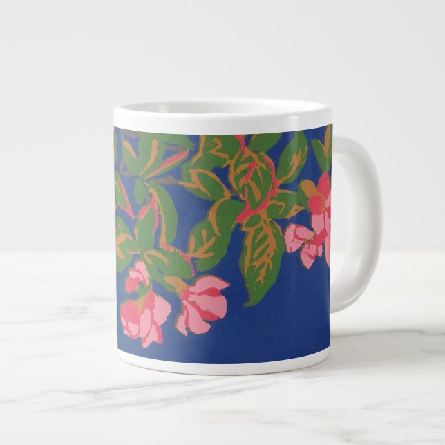 Chic Jumbo-sized Coffee Mug, Pink Japonica on Blue Large Coffee Mug (Front Right)