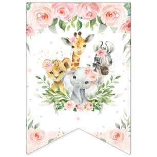 Chic Jungle Animals Blush Pink Floral Baby Shower Bunting