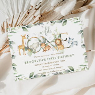 Chic Jungle Animals Greenery 1st Birthday Wild One Invitation