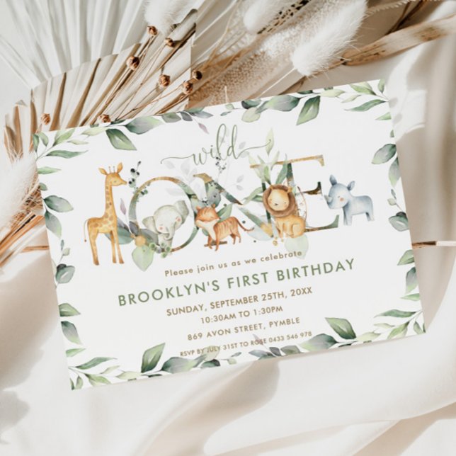 Chic Jungle Animals Greenery 1st Birthday Wild One Invitation (Creator Uploaded)
