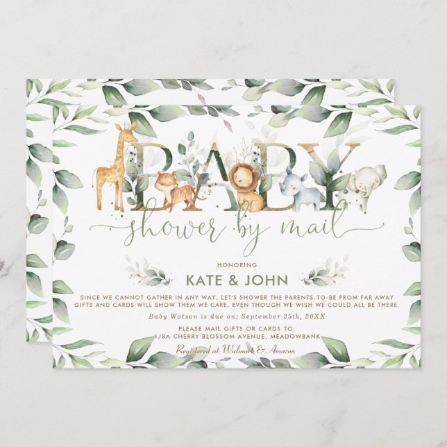 Chic Jungle Animals Greenery Baby Shower by Mail Invitation (Front/Back)