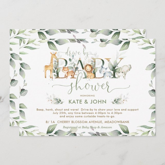 Chic Jungle Animals Greenery Drive By Baby Shower Invitation (Front/Back)