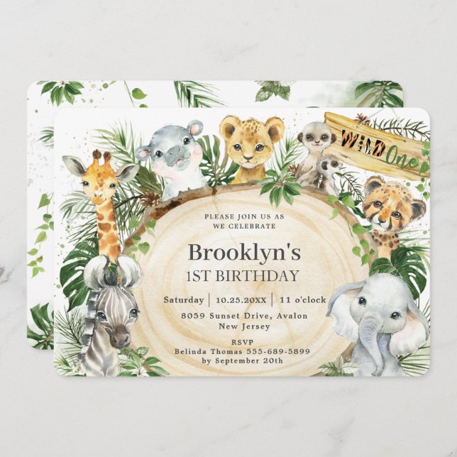 Chic Jungle Animals Greenery Wild One 1st Birthday Invitation (Front/Back)