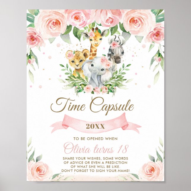 Chic Jungle Animals Pink Floral Time Capsule Sign (Front)