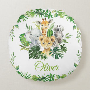 Chic Jungle Animals Safari Greenery Kids Baby  Round Cushion