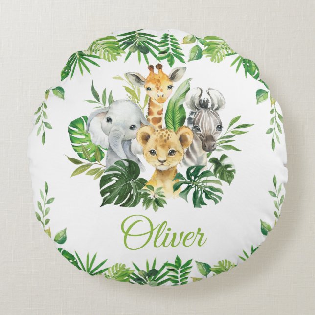 Chic Jungle Animals Safari Greenery Kids Baby  Round Cushion (Front)