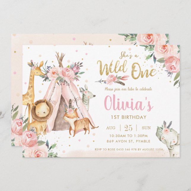 Chic Jungle Animals Tribal Wild One 1st Birthday Invitation (Front/Back)