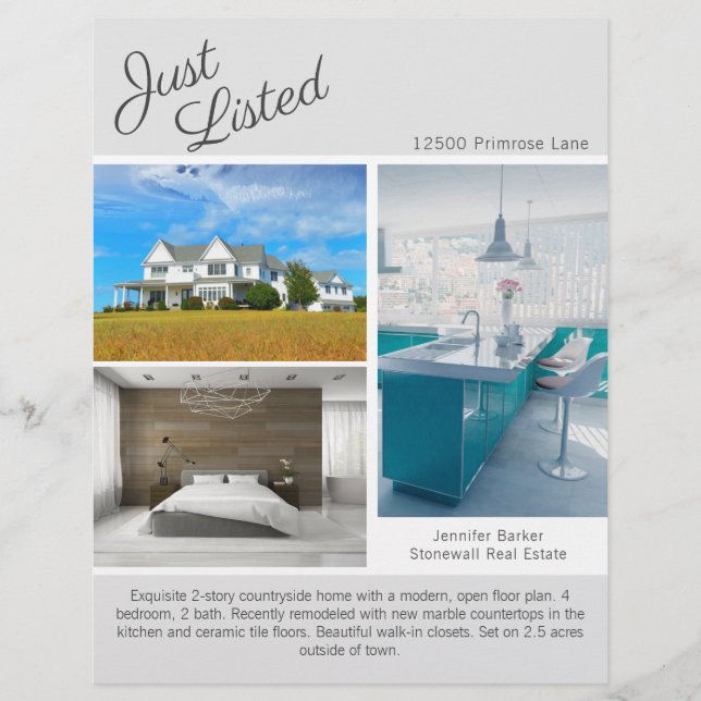 Chic Just Listed Real Estate 2 Sided Grey Template Flyer (Front)