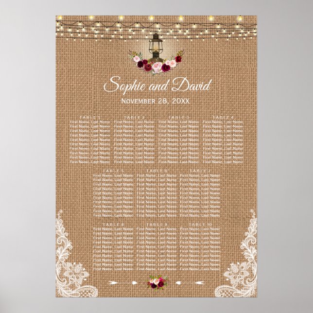 Chic Lace Burlap String Lights Seating Chart (Front)