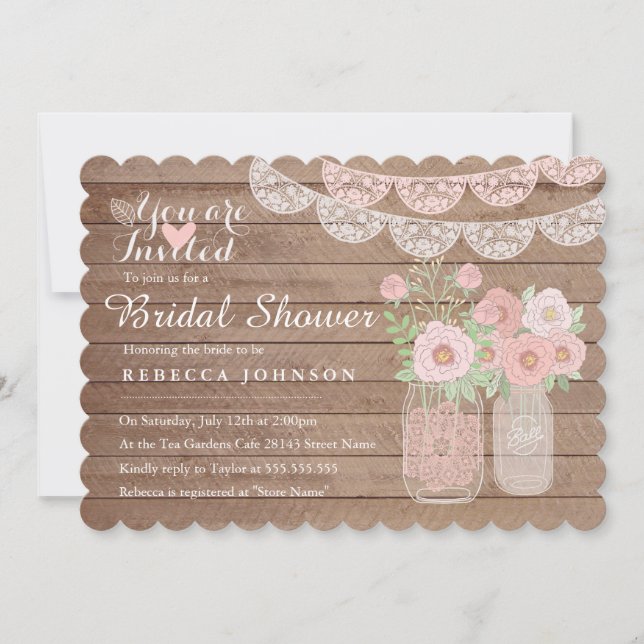 Chic Lace Mason Jar & Wood Bridal Shower Invite (Front)