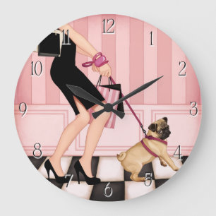 Chic lady walking her pug large clock