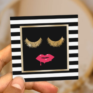 Chic Lashes & Lips Modern Black Stripes Salon Square Business Card