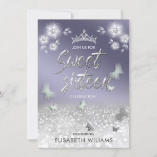 Chic lavender floral glitter tiara butterfly  invitation