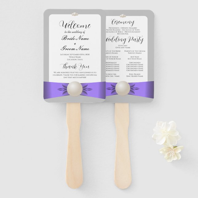 Chic Lavender & Grey Pearl Ribbon Wedding Program Hand Fan (Front and Back)