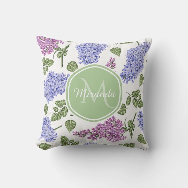 Chic Lavender Lilac Floral Pastel Green Monogram Cushion (Front)