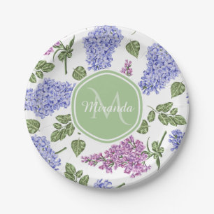 Chic Lavender Lilac Floral Pastel Green Monogram Paper Plate