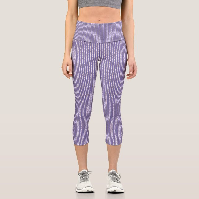 Chic Lavender Lilac Glitter Thin Vertical Striped Capri Leggings (Front)