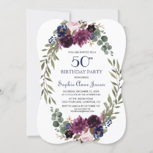 Chic Lavender Navy Blue Floral Bloom 50th Birthday Invitation