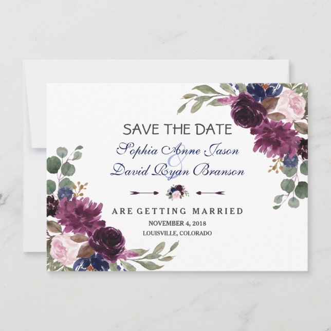 Chic Lavender Navy Blue Floral Bloom Save The Date (Front)