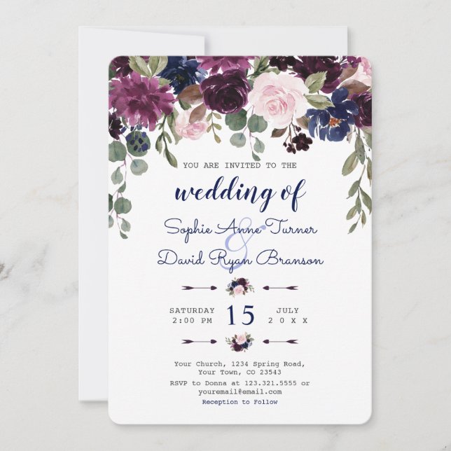 Chic Lavender Navy Blue Floral Bloom Wedding Invitation (Front)