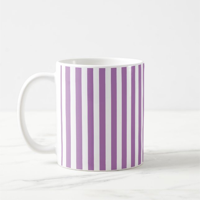 Chic Lavender Purple and White Vertical Striped Coffee Mug (Left)