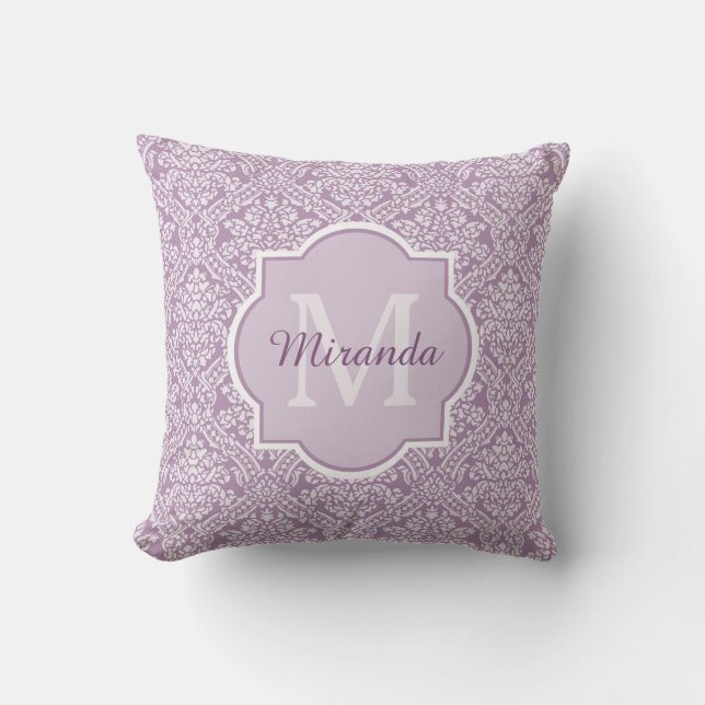 Chic Lavender Purple Damask Monogram With Name Cushion (Front)