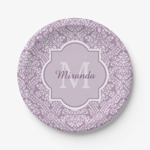 Chic Lavender Purple Damask Monogram With Name Paper Plate