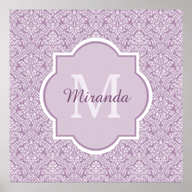 Chic Lavender Purple Damask Monogram With Name Poster (Front)