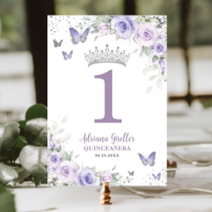 Chic Lavender Purple Floral Quinceañera Sweet 16 Table Number