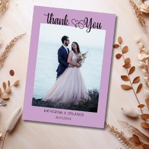 Chic Lavender Script with Heart Wedding Photo Thank You Card