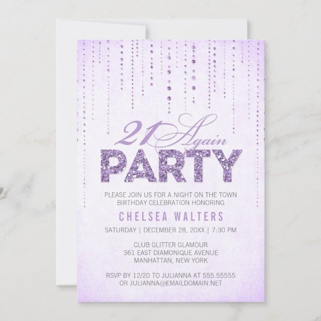 Chic Lavender Sparkle 21 Again Birthday Party Invitation (Front)