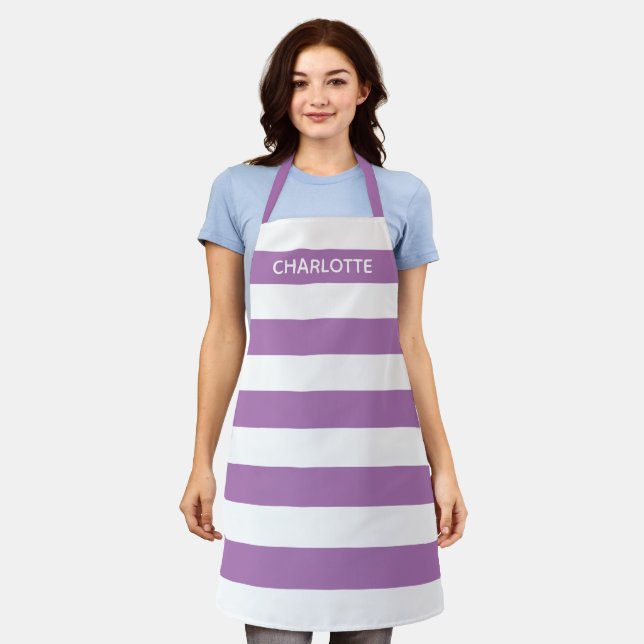 Chic lavender white stripes custom monogram name apron (Worn)