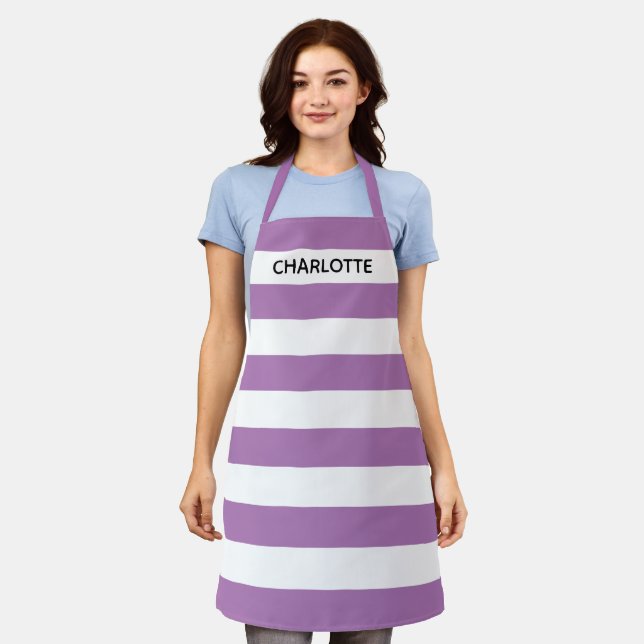 Chic lavender white stripes custom name monogram apron (Worn)