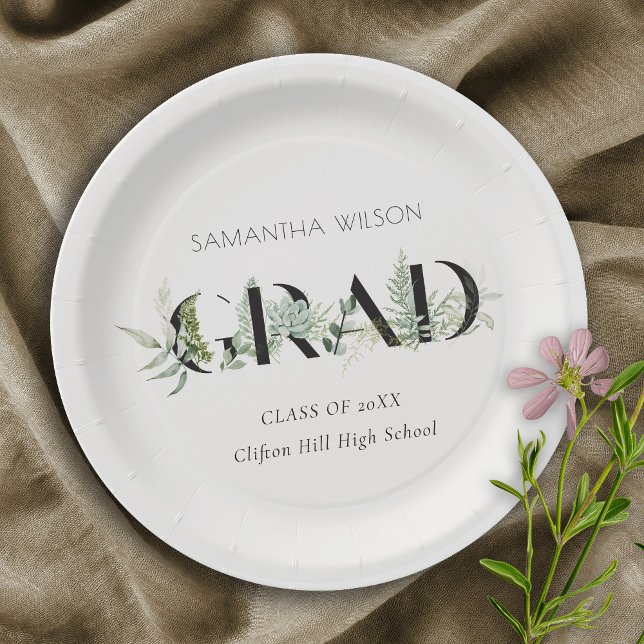 Chic Leafy Fern Succulent Green Foliage Graduation Paper Plate (Creator Uploaded)