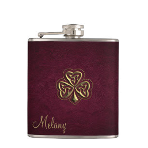 Chic leather golden lucky shamrock personalised hip flask