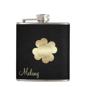 Chic leather golden lucky shamrock personalised hip flask