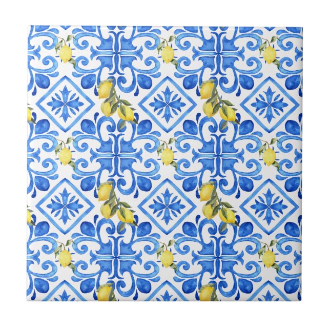Chic Lemon Blue Mediterranean Curtain Ceramic Tile (Front)