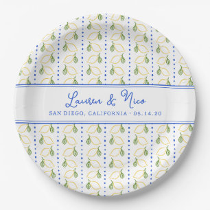 Chic Lemon Citrus  Blue and Yellow Summer Wedding Paper Plate