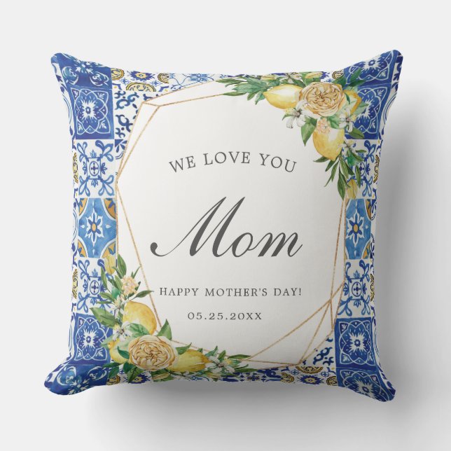 Chic Lemon Citrus Mediterranean Mosaic Tiles Mum Cushion (Front)