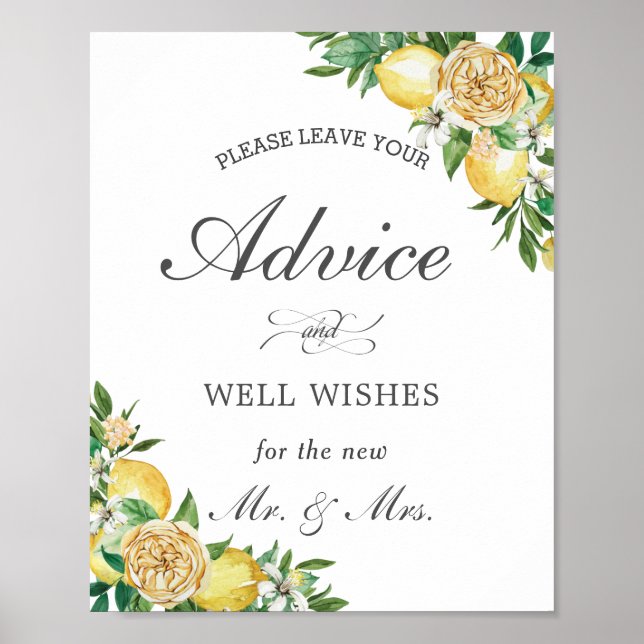 Chic Lemon Floral Advice and Wishes Wedding Sign (Front)