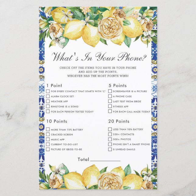 Chic Lemon Floral Bridal What's In Your Phone Game (Front)