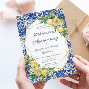 Chic Lemon Floral Geometric Wedding Anniversary Invitation