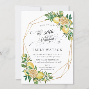 Chic Lemon Floral Greenery Geometric 50th Birthday Invitation