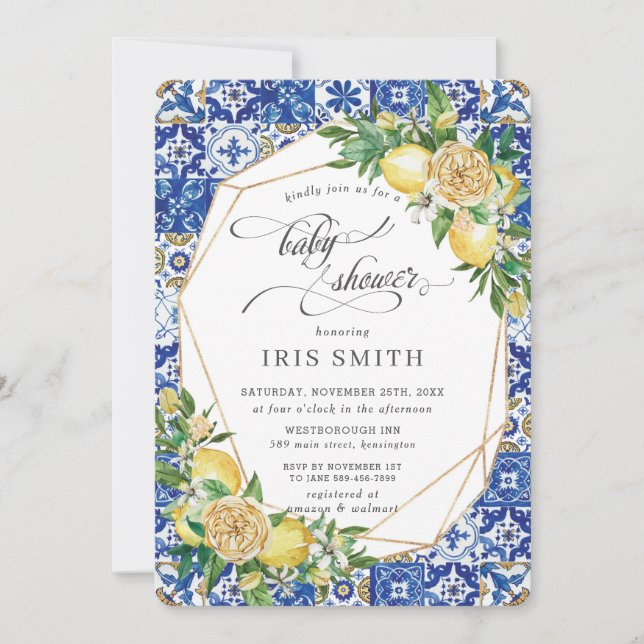 Chic Lemon Floral Greenery Geometric Baby Shower Invitation (Front)